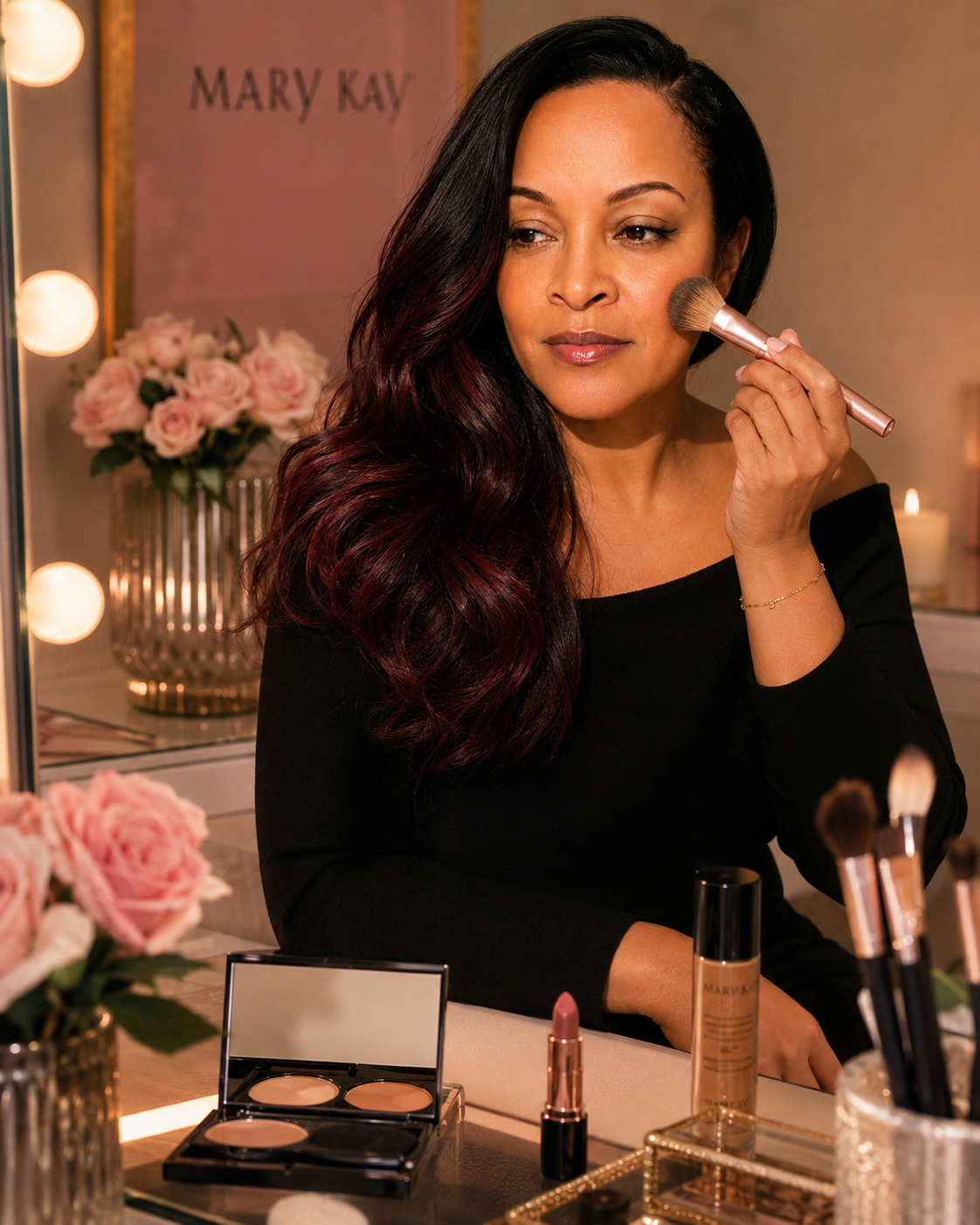Mel at her vanity applying Mary Kay